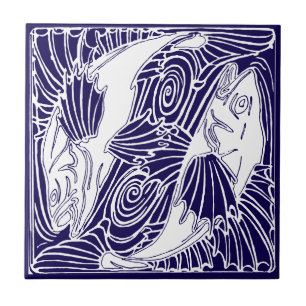 Vintage Arts & Crafts Japanese Koi Goldfish Ceramic Tile