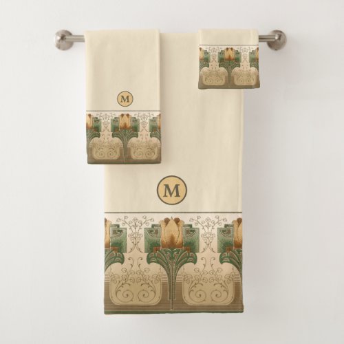 Vintage Arts  Crafts or Mission Style Monogram Bath Towel Set