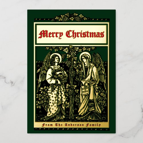 Vintage Arts  Crafts Style Christmas Angels Foil Holiday Card