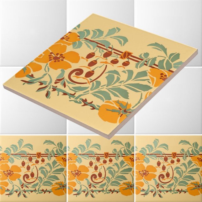 Vintage Arts & Crafts Style Flowers & Fruit Frieze Ceramic Tile (Creator Uploaded)