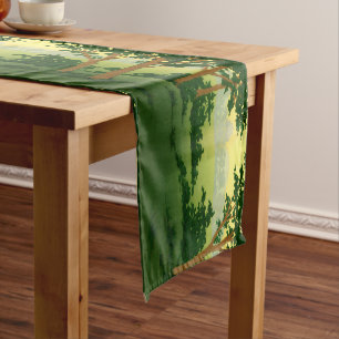 Vintage Arts & Crafts Style Forest Landscape Short Table Runner