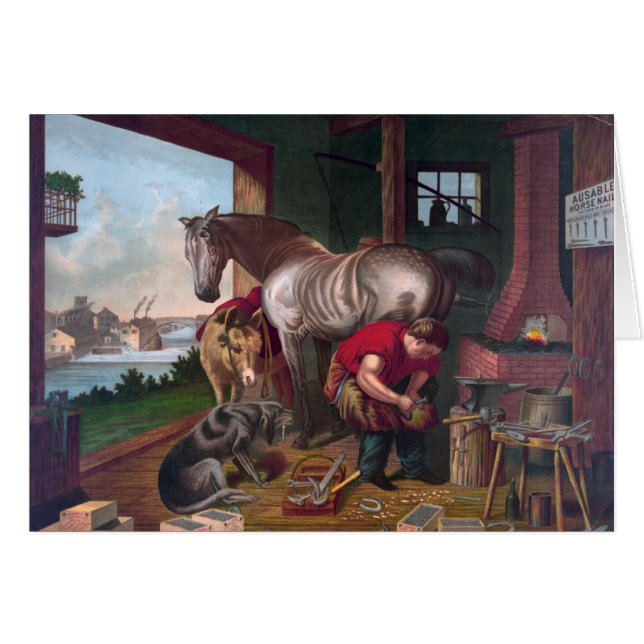 Vintage Artwork - Farrier Shoeing a Horse, (Front Horizontal)