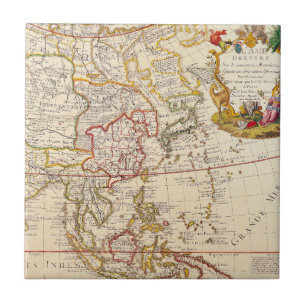 Vintage Asia Map - Ornate French Title Cartouche Ceramic Tile