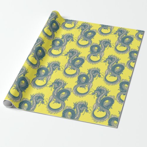 Vintage Asian Blue Dragon Gift Wrapping Paper