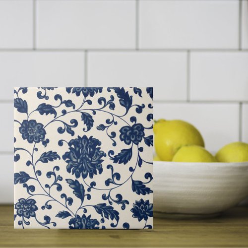 Vintage Asian Blue  White Pattern Swirling Floral Ceramic Tile