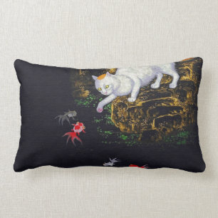 Vintage Asian Cat catching Fish Lumbar Pillow