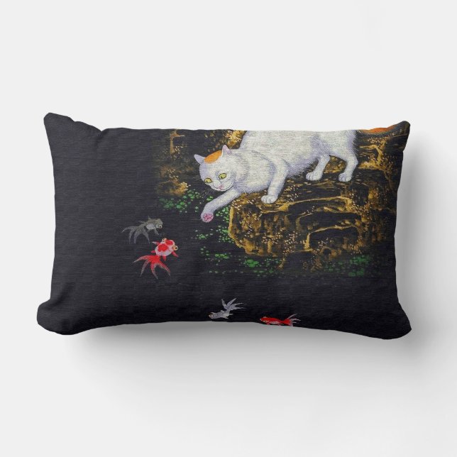 Vintage Asian Cat catching Fish Lumbar Pillow (Front)