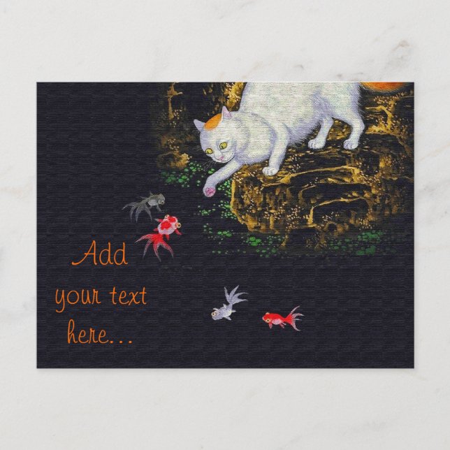 Vintage Asian Cat catching Fish Postcard (Front)