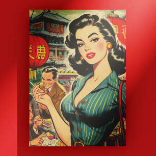 Vintage Asian Girl Illustration Postcard