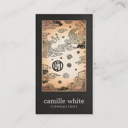 Customizable Vintage Asian Gold Peacock and Lotus Black Linen Business Card Templates
