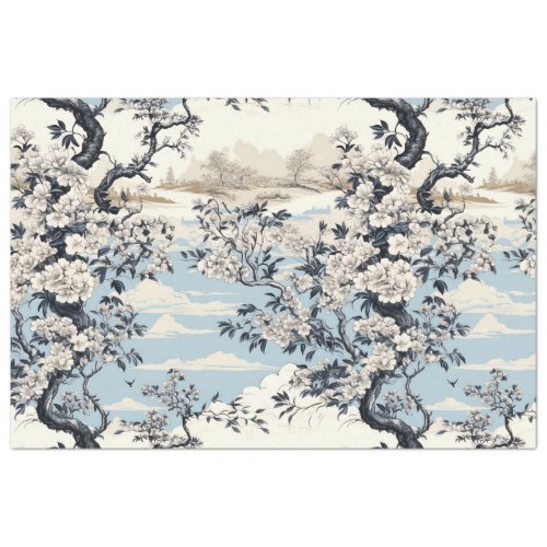 Vintage Asian Inspired Blue  White Florals Tissue Paper