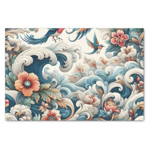 Vintage Asian Inspired Watercolor Floral Waves  Tissue Paper