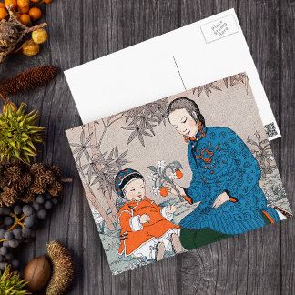 Vintage Asian Mother Baby Flowers Mother’s Day Postcard