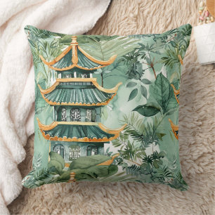 Vintage Asian Pagoda Forest Travel Throw Pillow