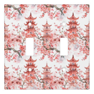 Vintage Asian Pagoda Pink Blossom Scenic Art Light Switch Cover