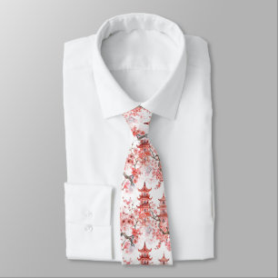 Vintage Asian Pagoda Pink Blossom Scenic Art Neck Tie