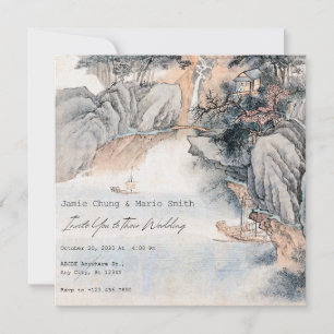 Vintage asian painting art wedding  invitation