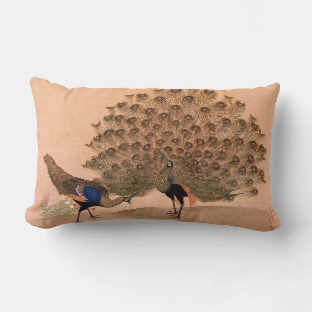 Vintage Asian Peacock Lumbar Pillow (Front)
