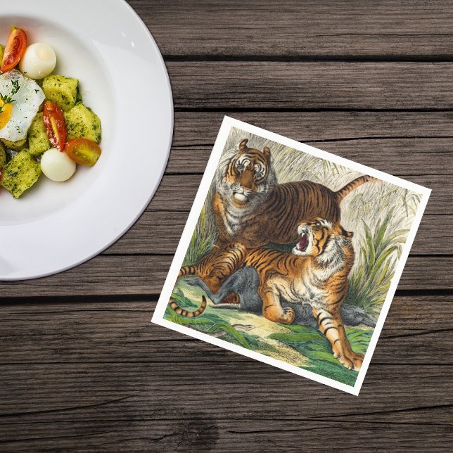 Vintage Asian Striped Fierce Tiger Napkins (Two bengal striped tigers in tall grass fighting over prey on napkins.)