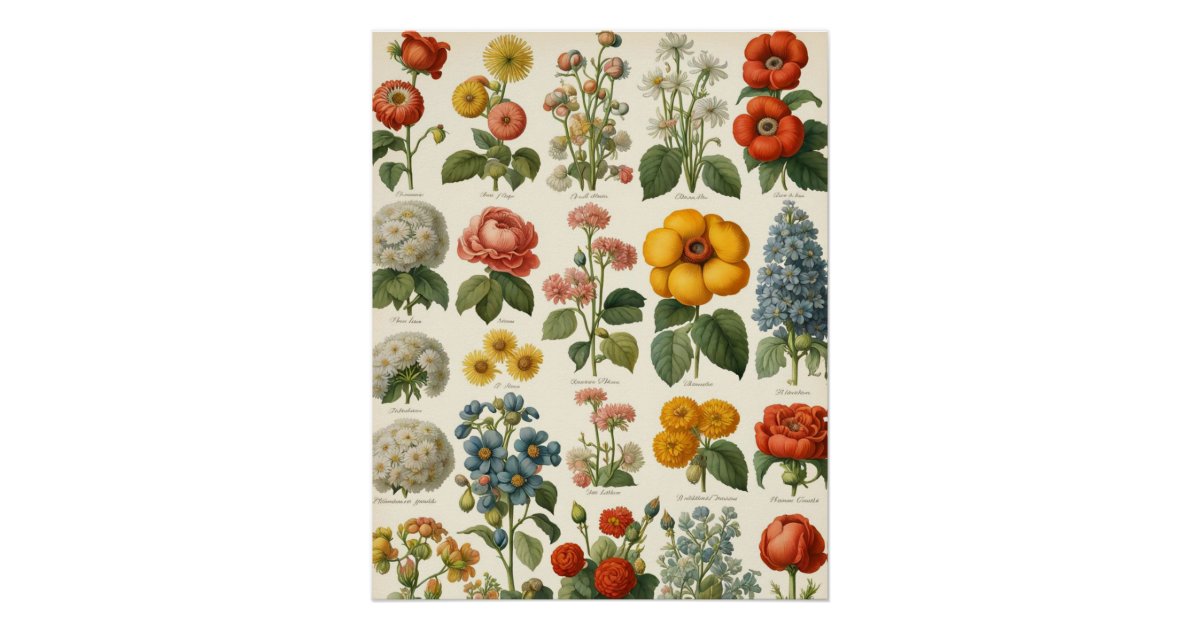 Vintage Assorted Floral Flowers Poster | Zazzle