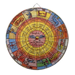 Vintage Astrology, Antique Celestial Zodiac Wheel Dartboard With Darts