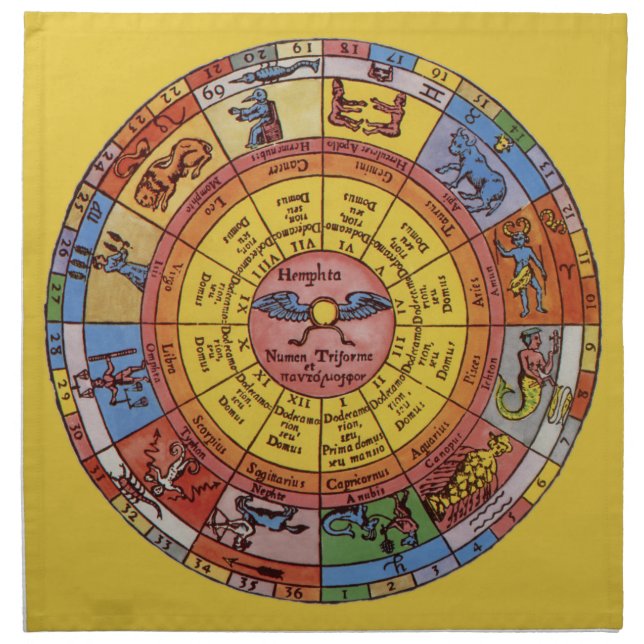 Vintage Astrology, Antique Celestial Zodiac Wheel Napkin (Front)
