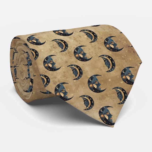 Vintage Astrology Moon Star Pattern Neck Tie (Rolled)