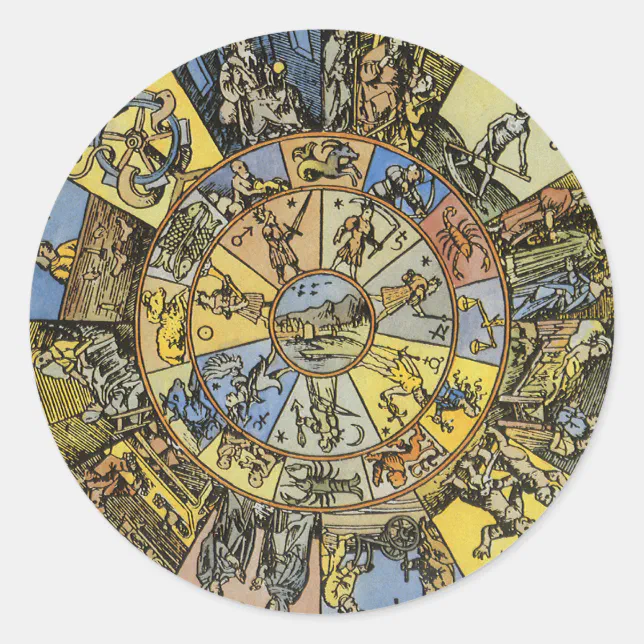 Vintage Astrology, Renaissance Zodiac Wheel, 1555 Classic Round Sticker ...