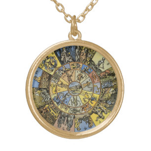 Vintage Astrology, Renaissance Zodiac Wheel, 1555 Gold Plated Necklace