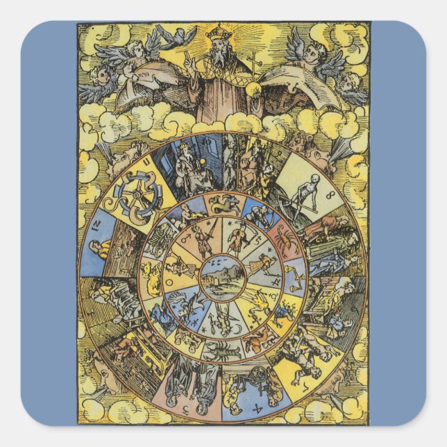 Vintage Astrology, Renaissance Zodiac Wheel, 1555 Square Sticker (Front)