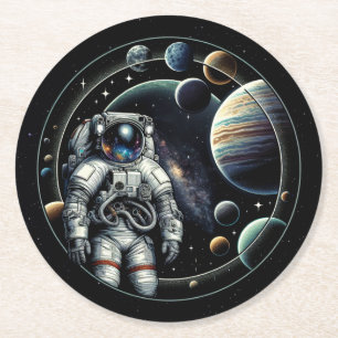 Vintage Astronaut and Planets Round Paper Coaster