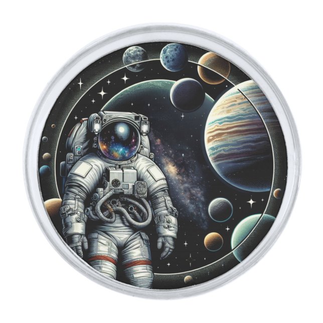Vintage Astronaut and Planets Silver Finish Lapel Pin (Front)