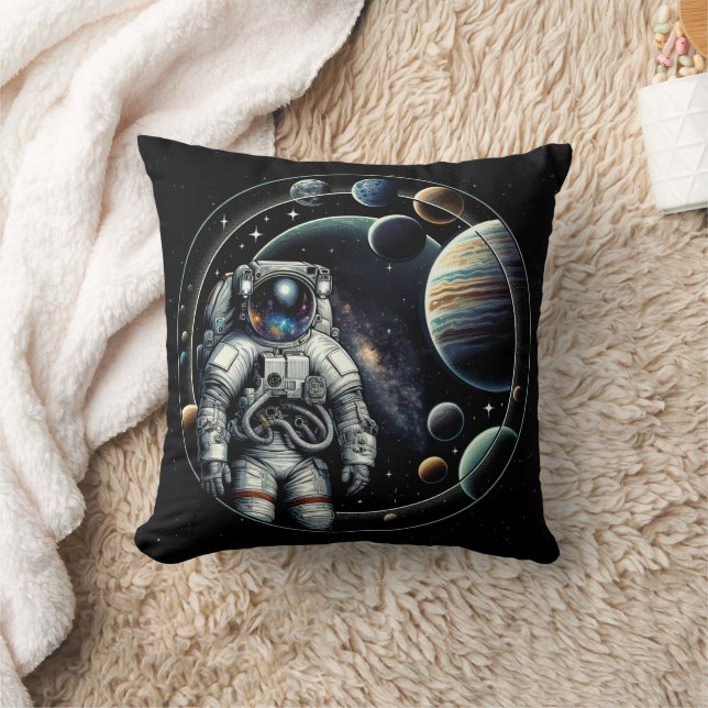 Vintage Astronaut and Planets Throw Pillow (Blanket)