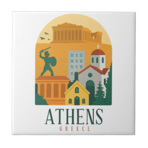Vintage Athens Greece Ceramic Tile Retro