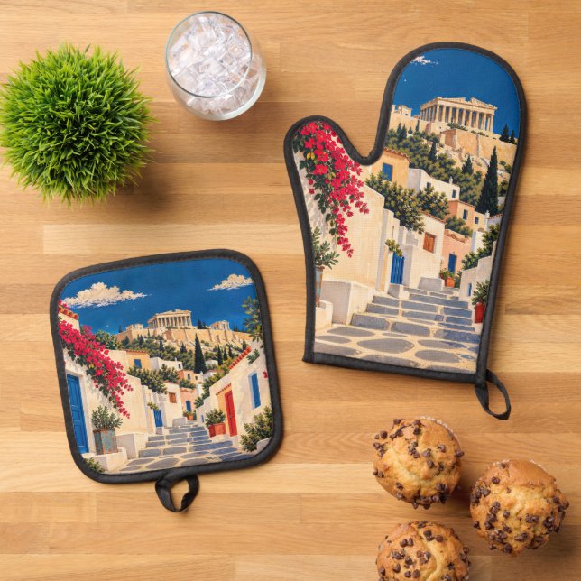 Vintage Athens Greece Oven Mitt & Pot Holders Set (Top Down)