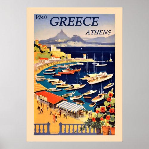 Vintage Athens Greece Port Harbor Sailboat Travel Poster