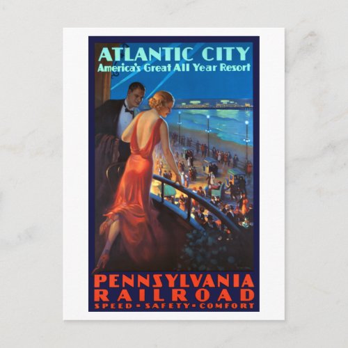 Vintage Atlantic City Railroad Travel Poster Postcard