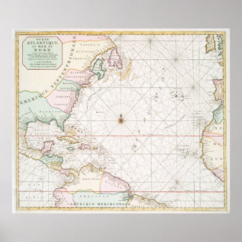 Vintage Atlantic Ocean  North America Map 1700s Poster