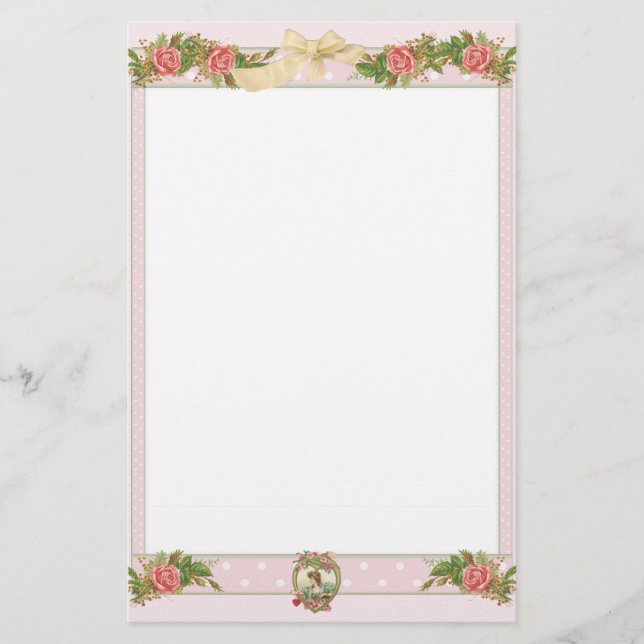 Vintage Attic Roses & Pink Polka Dots Stationery (Front)