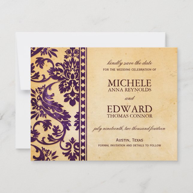 Vintage Aubergine Damask Lace Save the Date (Front)