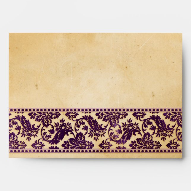 Vintage Aubergine Damask Lace Wedding Envelope (Front)