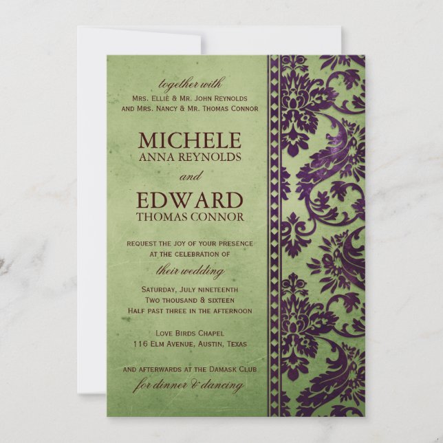 Vintage Aubergine & Olive Damask Lace Wedding Invitation (Front)