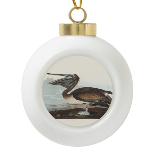 Vintage Audubon Brown Pelican Coastal Bird Art Ceramic Ball Christmas Ornament
