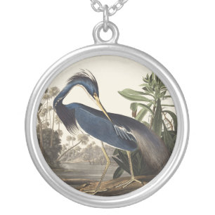 Vintage Audubon Louisiana Heron Bird Art Silver Plated Necklace