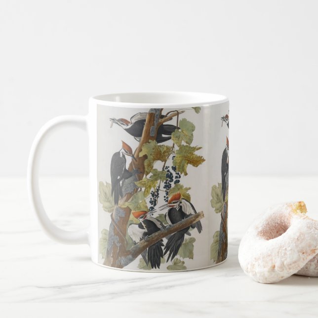 Vintage Audubon Pileated Woodpecker Painting Gift  Coffee Mug (With Donut)