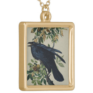 Vintage Audubon Raven Bird Nature Art Gold Plated Necklace