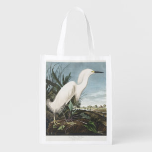 Vintage Audubon Snowy Heron White Egret Bird Art Grocery Bag