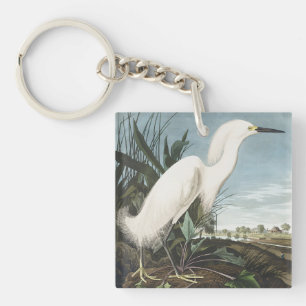 Vintage Audubon Snowy Heron White Egret Bird Art Keychain