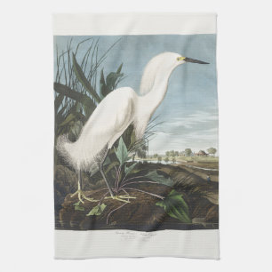 Vintage Audubon Snowy Heron White Egret Bird Art Kitchen Towel