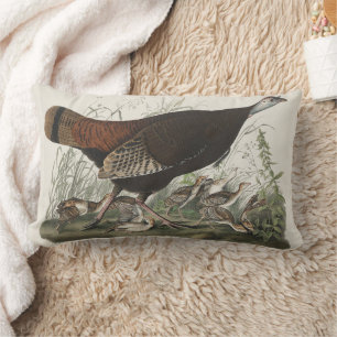 Vintage Audubon Wild Turkey Hen & Young Art Lumbar Pillow